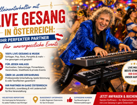 Sandro Hoffmann als professioneller Alleinunterhalter mit Live-Gesang für Hochzeiten, Firmenfeiern und Events in Österreich.