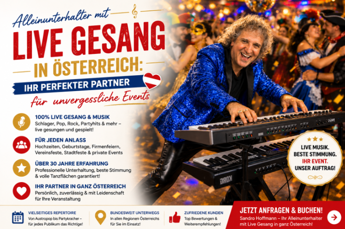 Sandro Hoffmann als professioneller Alleinunterhalter mit Live-Gesang für Hochzeiten, Firmenfeiern und Events in Österreich.