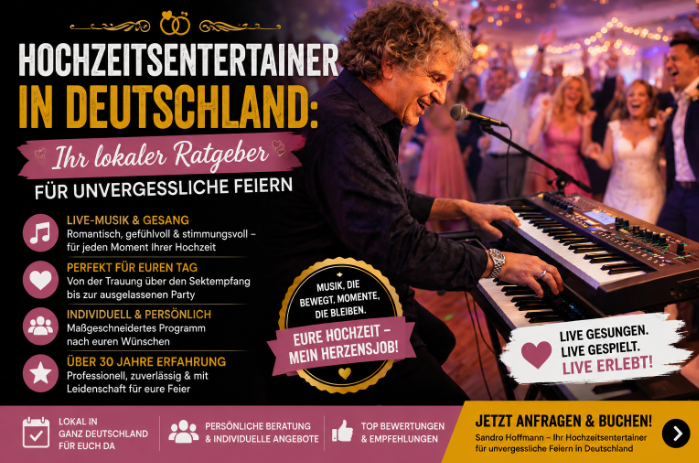 Sandro Hoffmann als professioneller Hochzeitsentertainer mit Live-Musik und Gesang auf einer Hochzeit in Deutschland.