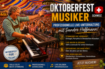 Sandro Hoffmann als professioneller Oktoberfest Musiker und Alleinunterhalter bei einem stimmungsvollen Oktoberfest in der Schweiz.