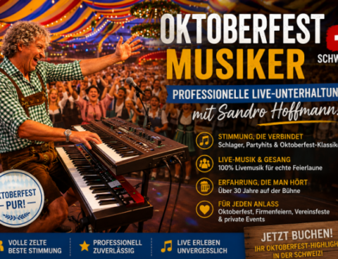 Sandro Hoffmann als professioneller Oktoberfest Musiker und Alleinunterhalter bei einem stimmungsvollen Oktoberfest in der Schweiz.