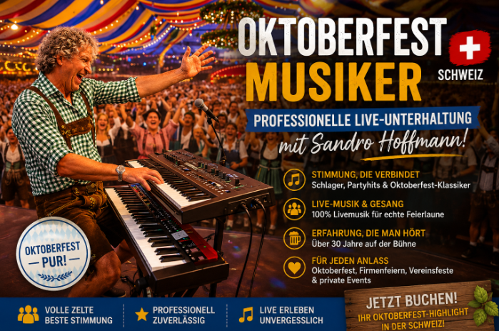 Sandro Hoffmann als professioneller Oktoberfest Musiker und Alleinunterhalter bei einem stimmungsvollen Oktoberfest in der Schweiz.