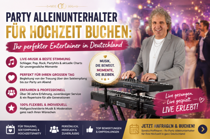 Sandro Hoffmann als professioneller Party Alleinunterhalter für Hochzeiten mit Live-Musik und Gesang in Deutschland.