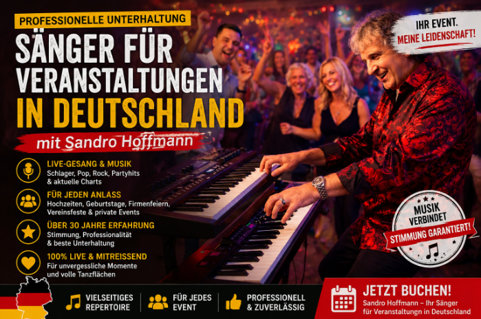 Sandro Hoffmann als professioneller Sänger für Veranstaltungen, Firmenfeiern, Hochzeiten und private Events in Deutschland.