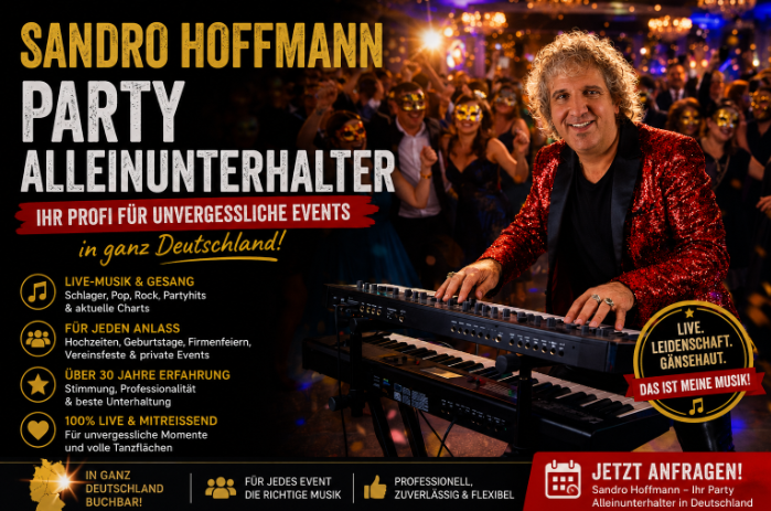 Sandro Hoffmann als professioneller Party Alleinunterhalter für Firmenfeiern, Hochzeiten und private Events in ganz Deutschland.