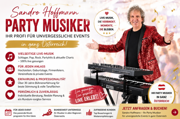 Sandro Hoffmann als professioneller Party Musiker und Entertainer für Hochzeiten, Firmenfeiern und private Events in Österreich.