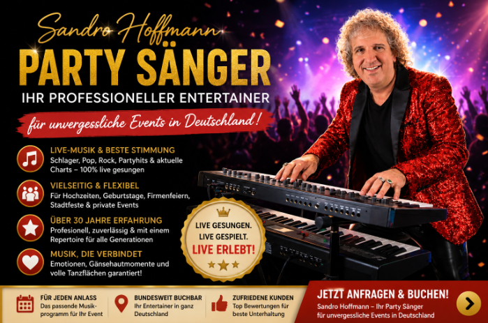 Sandro Hoffmann als professioneller Party Sänger und Entertainer für Hochzeiten, Firmenfeiern und private Events in Deutschland.