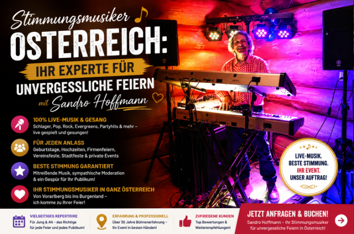 Sandro Hoffmann als professioneller Stimmungsmusiker mit Live-Musik und Gesang für Feiern und Events in Österreich.