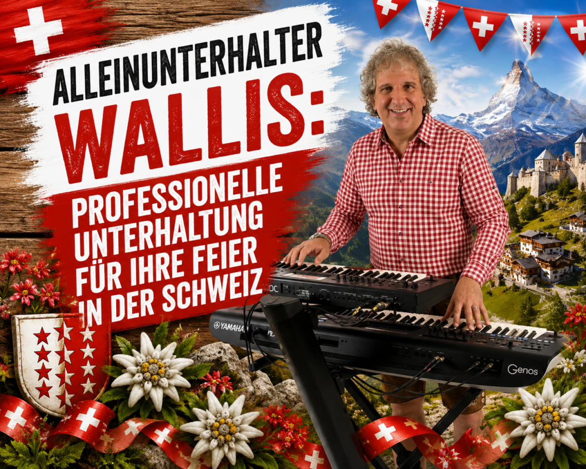 Sandro Hoffmann als Alleinunterhalter und Live-Musiker am Keyboard vor einer Walliser Alpenkulisse