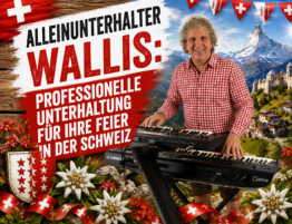 Sandro Hoffmann als Alleinunterhalter und Live-Musiker am Keyboard vor einer Walliser Alpenkulisse
