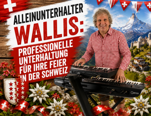 Sandro Hoffmann als Alleinunterhalter und Live-Musiker am Keyboard vor einer Walliser Alpenkulisse
