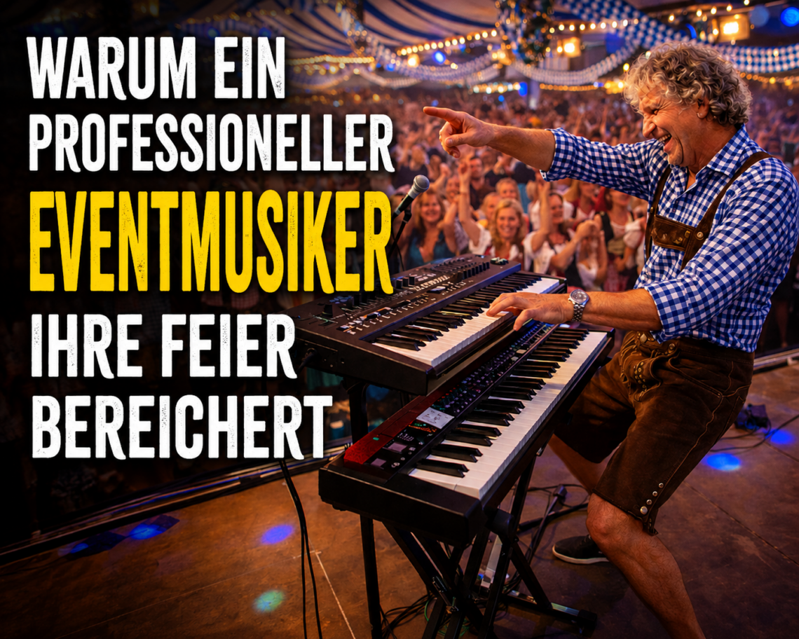 Professioneller Eventmusiker Sandro Hoffmann mit Keyboard und Live-Musik bei einer ausgelassenen Oktoberfestfeier