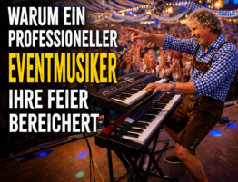 Professioneller Eventmusiker Sandro Hoffmann mit Keyboard und Live-Musik bei einer ausgelassenen Oktoberfestfeier