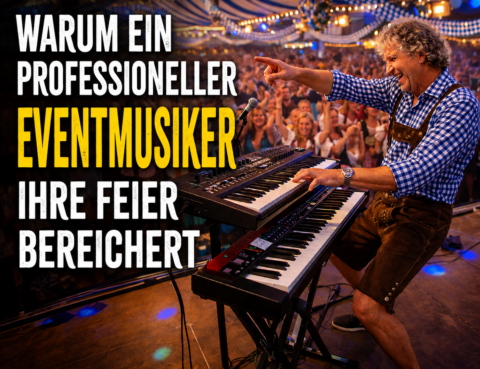 Professioneller Eventmusiker Sandro Hoffmann mit Keyboard und Live-Musik bei einer ausgelassenen Oktoberfestfeier