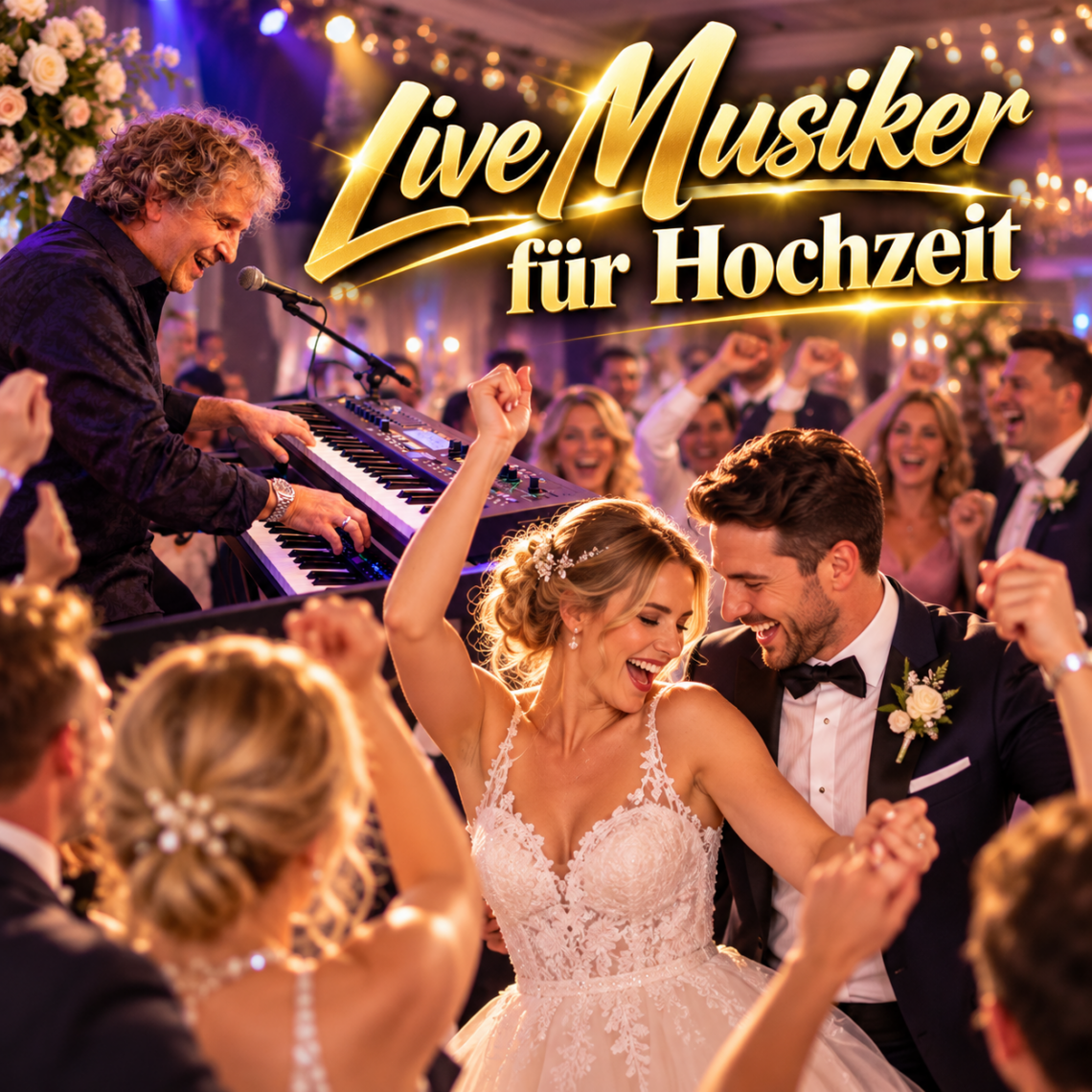 Live-Musiker bei einer ausgelassenen Hochzeitsfeier mit tanzendem Brautpaar und Gästen