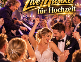Live-Musiker bei einer ausgelassenen Hochzeitsfeier mit tanzendem Brautpaar und Gästen