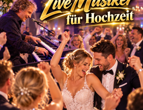 Live-Musiker bei einer ausgelassenen Hochzeitsfeier mit tanzendem Brautpaar und Gästen