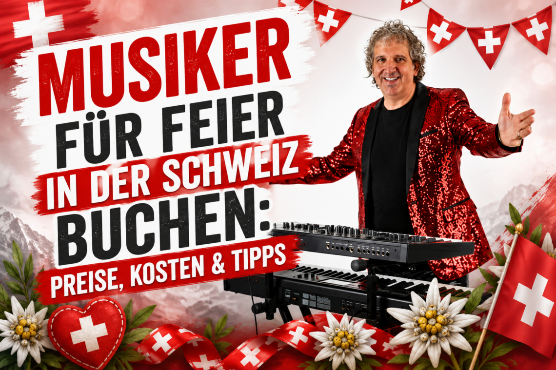 Sandro Hoffmann als Live-Musiker und Alleinunterhalter mit Keyboard vor Schweizer Alpenkulisse