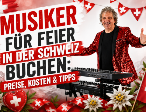 Sandro Hoffmann als Live-Musiker und Alleinunterhalter mit Keyboard vor Schweizer Alpenkulisse
