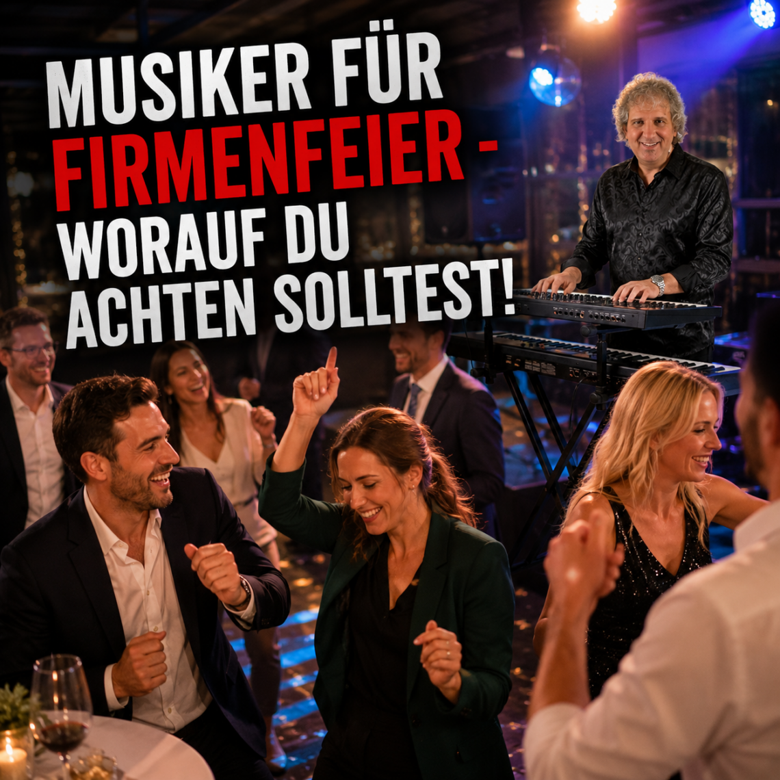 Musiker für Firmenfeier mit tanzenden Gästen bei einer stimmungsvollen Firmenparty