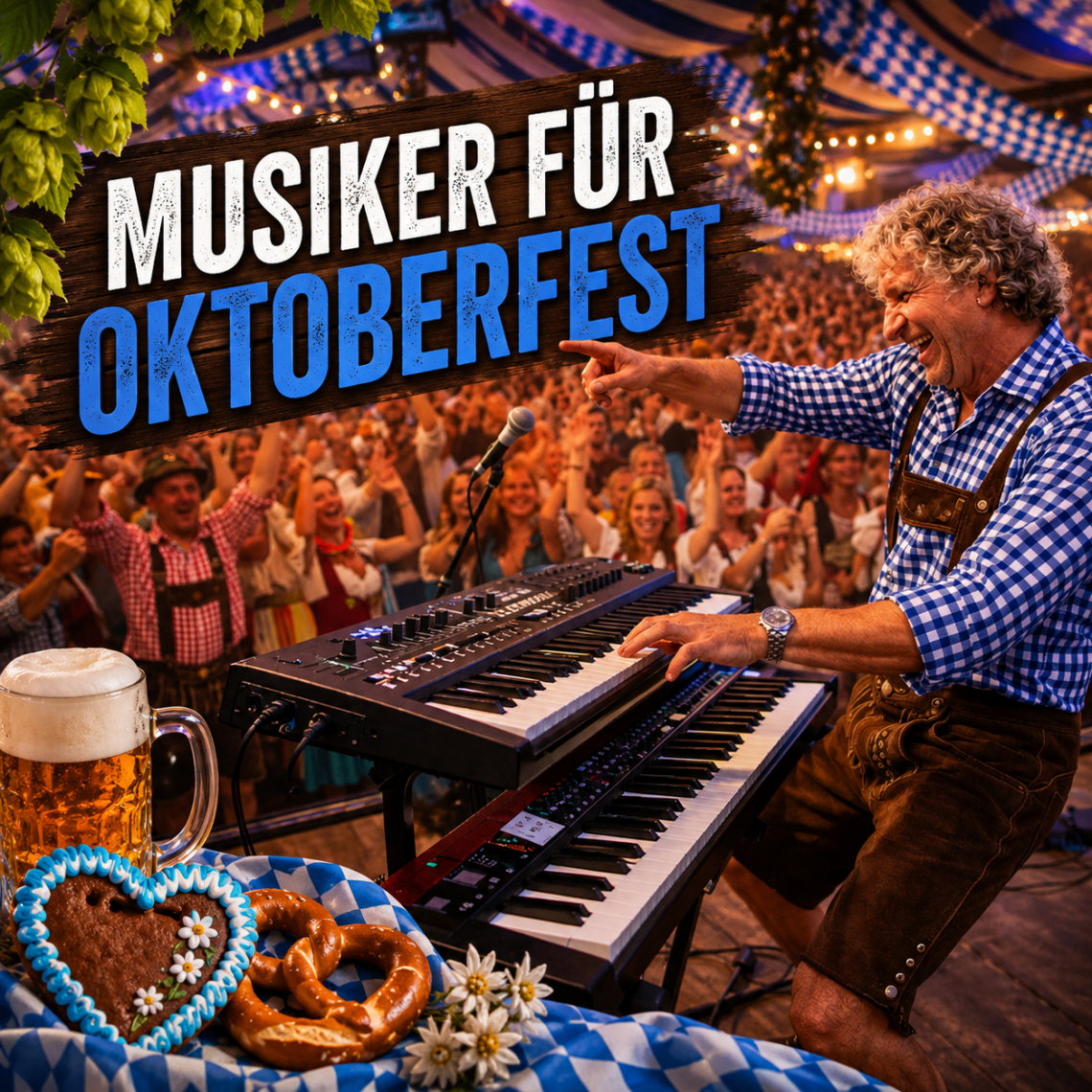 Musiker für Oktoberfest spielt Keyboard vor tanzendem Publikum in festlicher bayerischer Atmosphäre