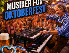Musiker für Oktoberfest spielt Keyboard vor tanzendem Publikum in festlicher bayerischer Atmosphäre