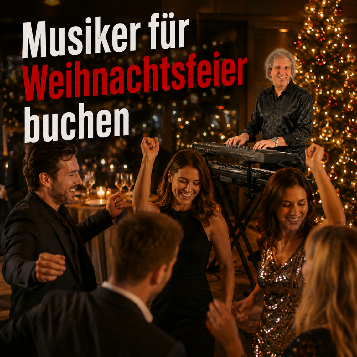 Musiker für Weihnachtsfeier mit tanzenden Gästen bei einer stimmungsvollen Firmen-Weihnachtsfeier