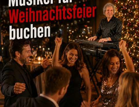 Musiker für Weihnachtsfeier mit tanzenden Gästen bei einer stimmungsvollen Firmen-Weihnachtsfeier