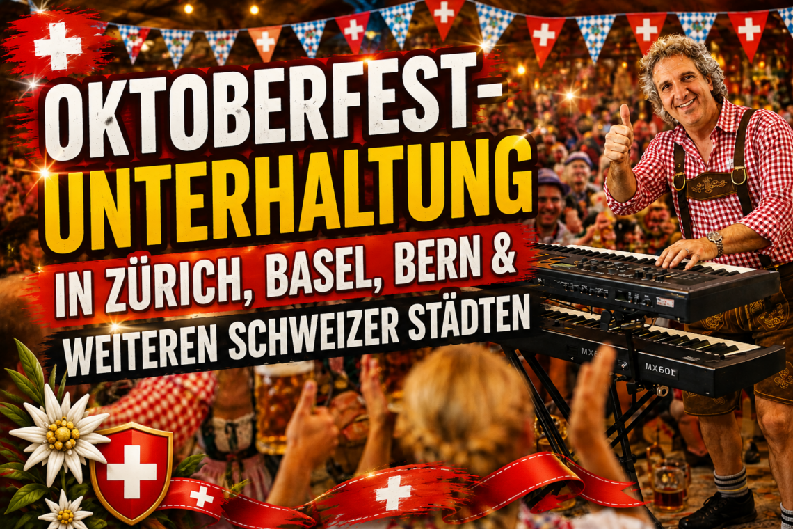 Oktoberfest-Unterhaltung mit Live-Musiker am Keyboard und begeistertem Publikum in der Schweiz