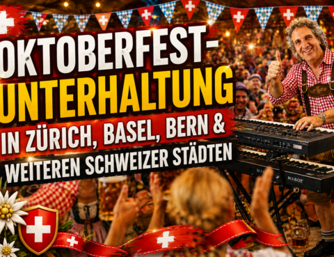 Oktoberfest-Unterhaltung mit Live-Musiker am Keyboard und begeistertem Publikum in der Schweiz