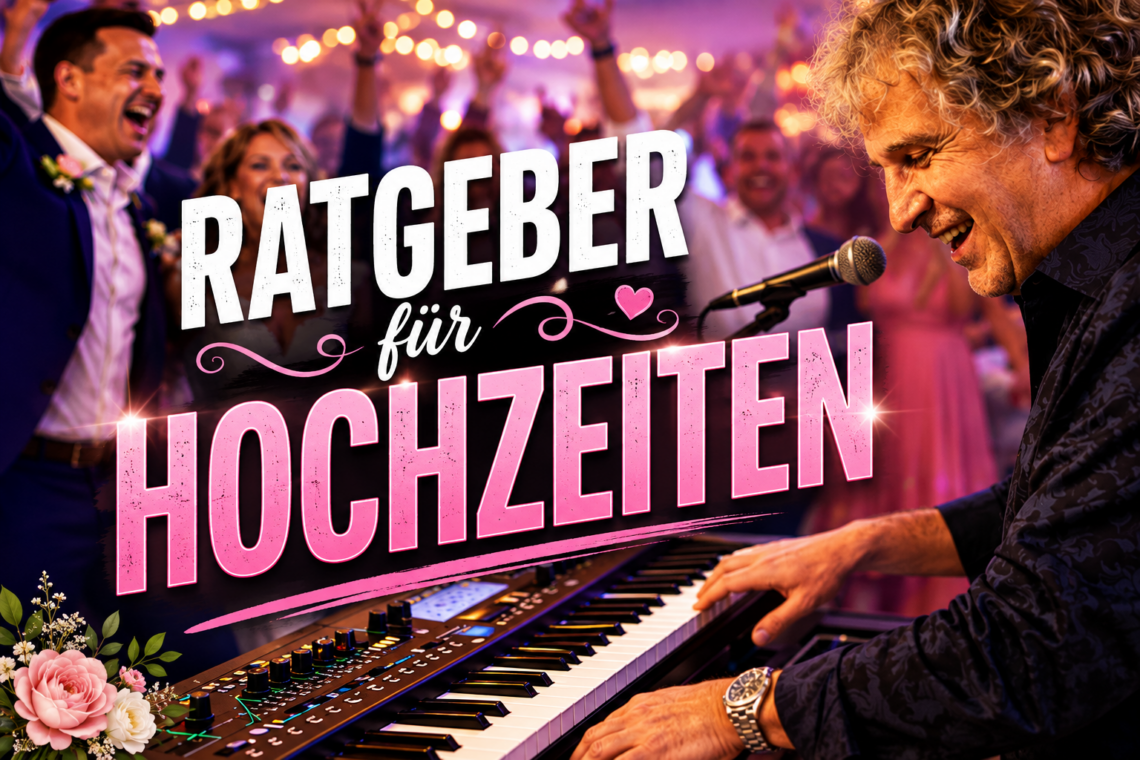 Live-Musiker und Partysänger bei einer ausgelassenen Hochzeitsfeier mit tanzenden Gästen