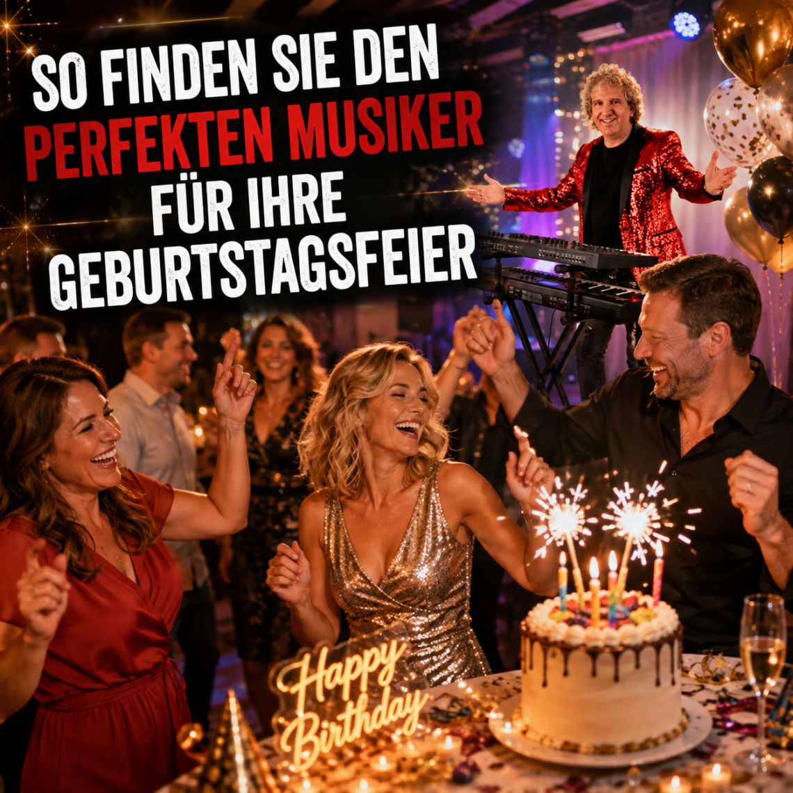 Musiker für Geburtstagsfeier mit tanzenden Gästen, Geburtstagstorte und festlicher Partystimmung
