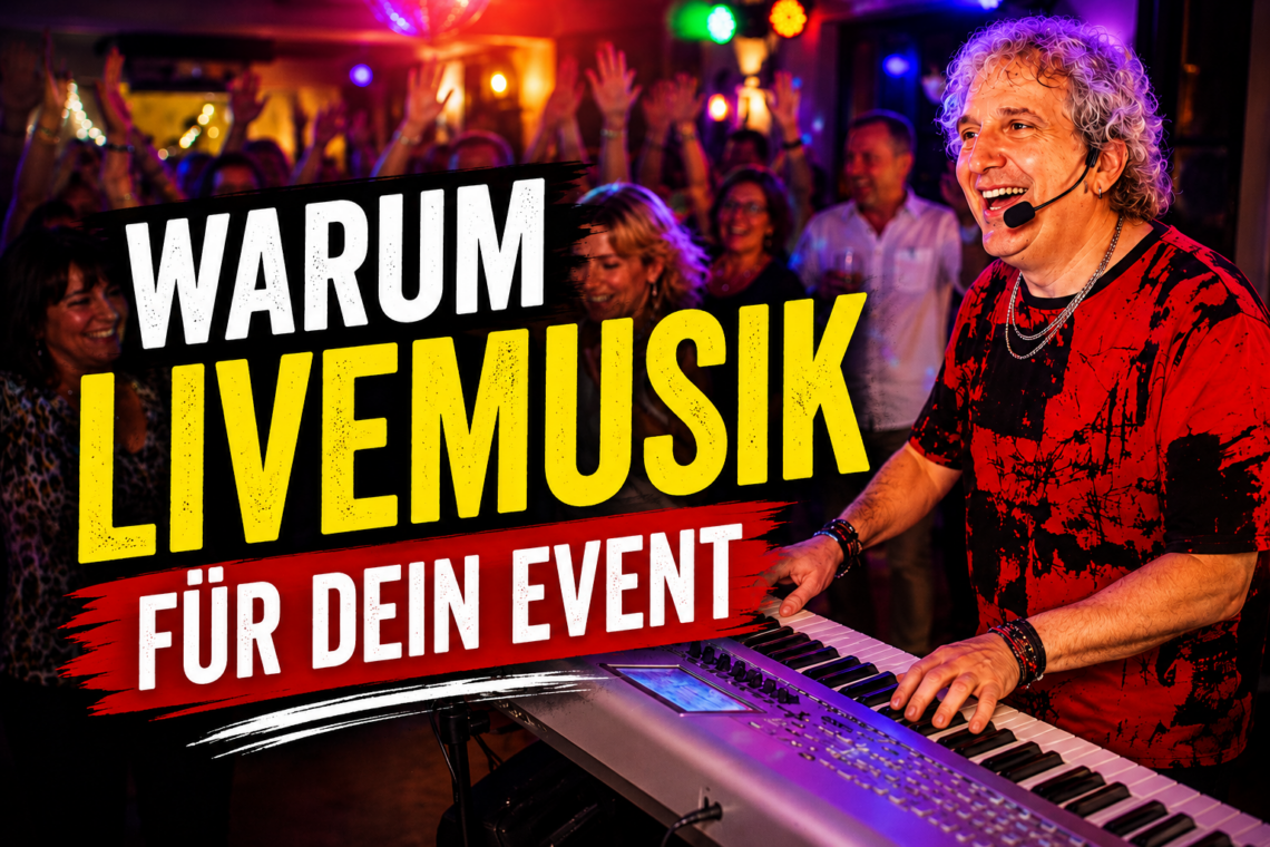 Sandro Hoffmann als Live-Musiker und Partysänger am Keyboard bei einer ausgelassenen Feier mit tanzenden Gästen