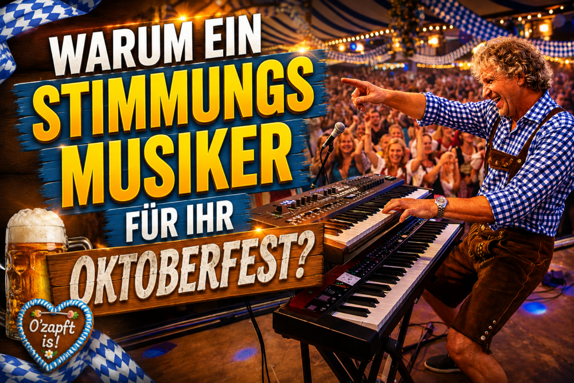 Sandro Hoffmann als Stimmungsmusiker am Keyboard bei einem ausgelassenen Oktoberfest mit begeistertem Publikum