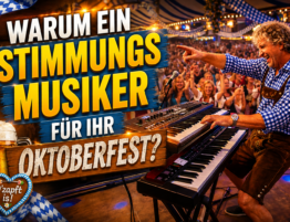 Sandro Hoffmann als Stimmungsmusiker am Keyboard bei einem ausgelassenen Oktoberfest mit begeistertem Publikum