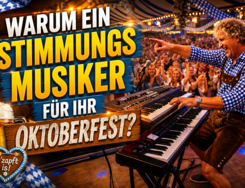 Sandro Hoffmann als Stimmungsmusiker am Keyboard bei einem ausgelassenen Oktoberfest mit begeistertem Publikum