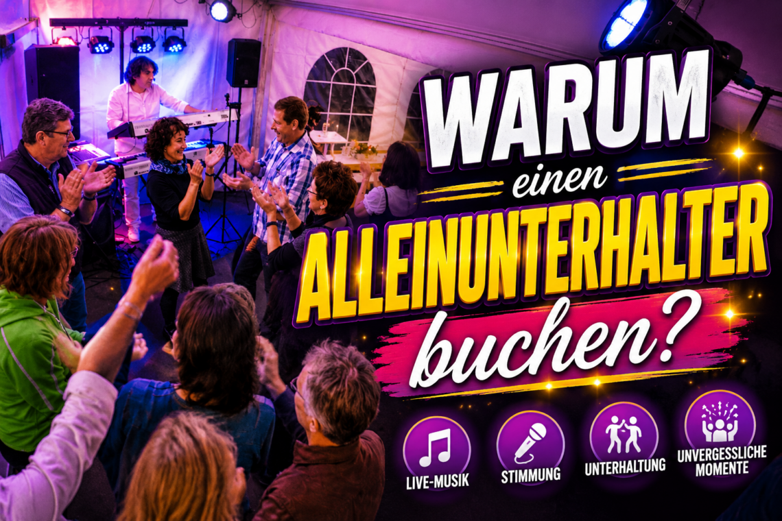 Alleinunterhalter mit Keyboard bei einer ausgelassenen Feier mit tanzenden und applaudierenden Gästen