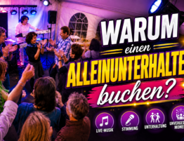Alleinunterhalter mit Keyboard bei einer ausgelassenen Feier mit tanzenden und applaudierenden Gästen
