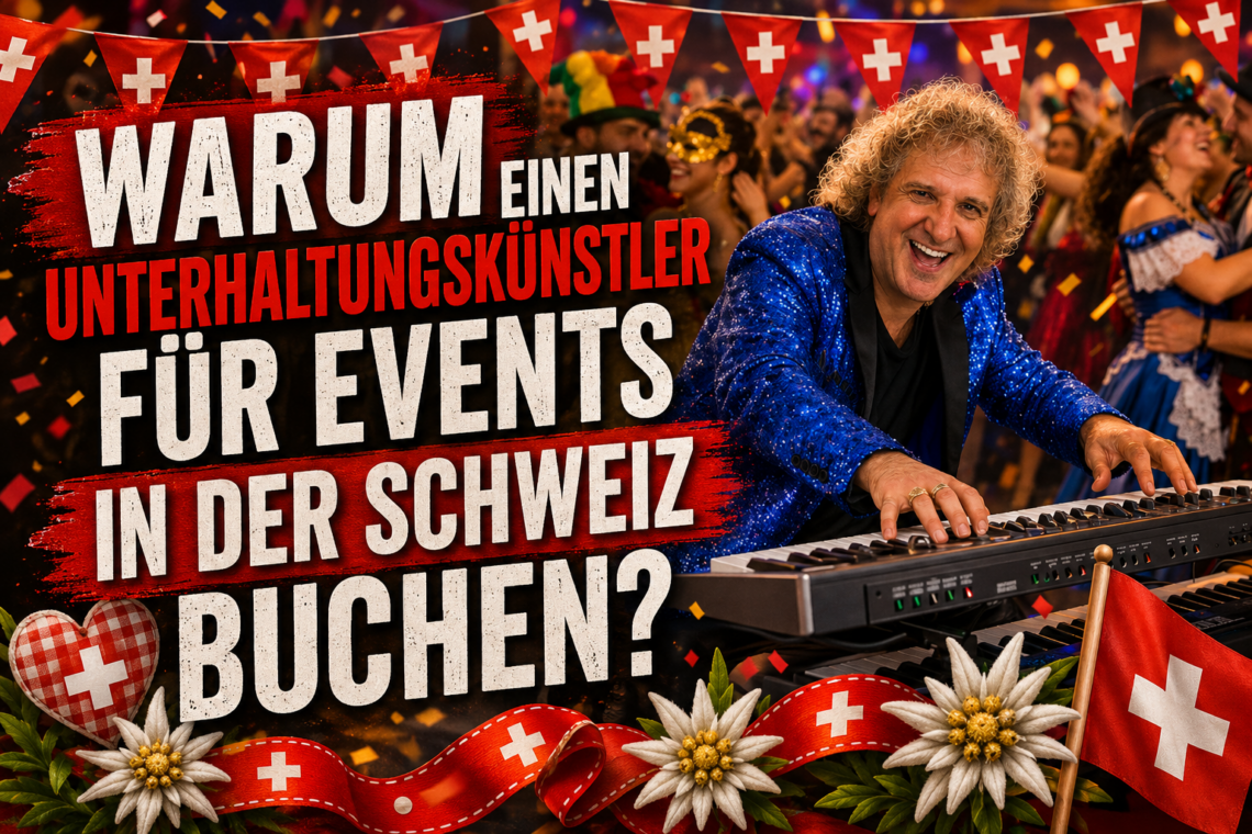 Sandro Hoffmann als Unterhaltungskünstler und Live-Musiker am Keyboard bei einer ausgelassenen Feier in der Schweiz