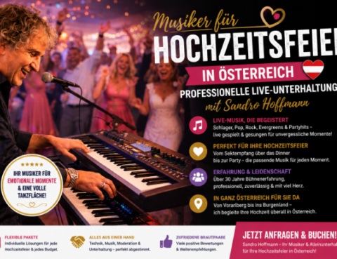 Sandro Hoffmann als professioneller Musiker für Hochzeitsfeiern mit Live-Musik und Gesang in Österreich.