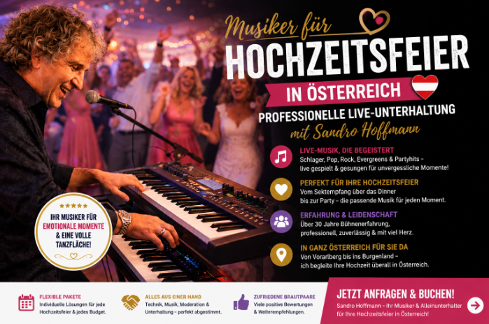 Sandro Hoffmann als professioneller Musiker für Hochzeitsfeiern mit Live-Musik und Gesang in Österreich.