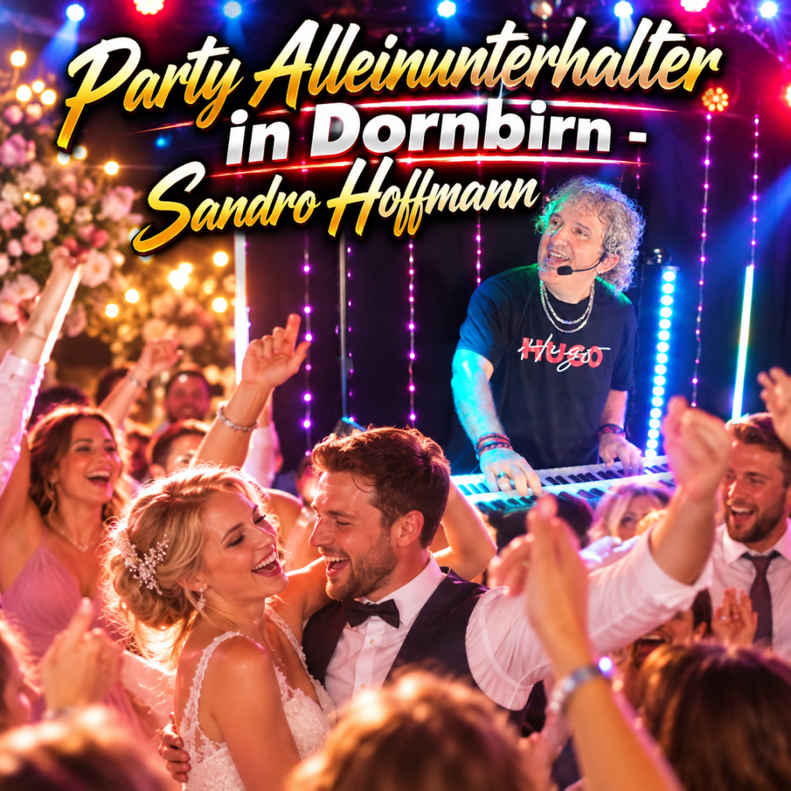 Party Alleinunterhalter Sandro Hoffmann bei einer ausgelassenen Hochzeitsfeier in Dornbirn mit tanzendem Brautpaar
