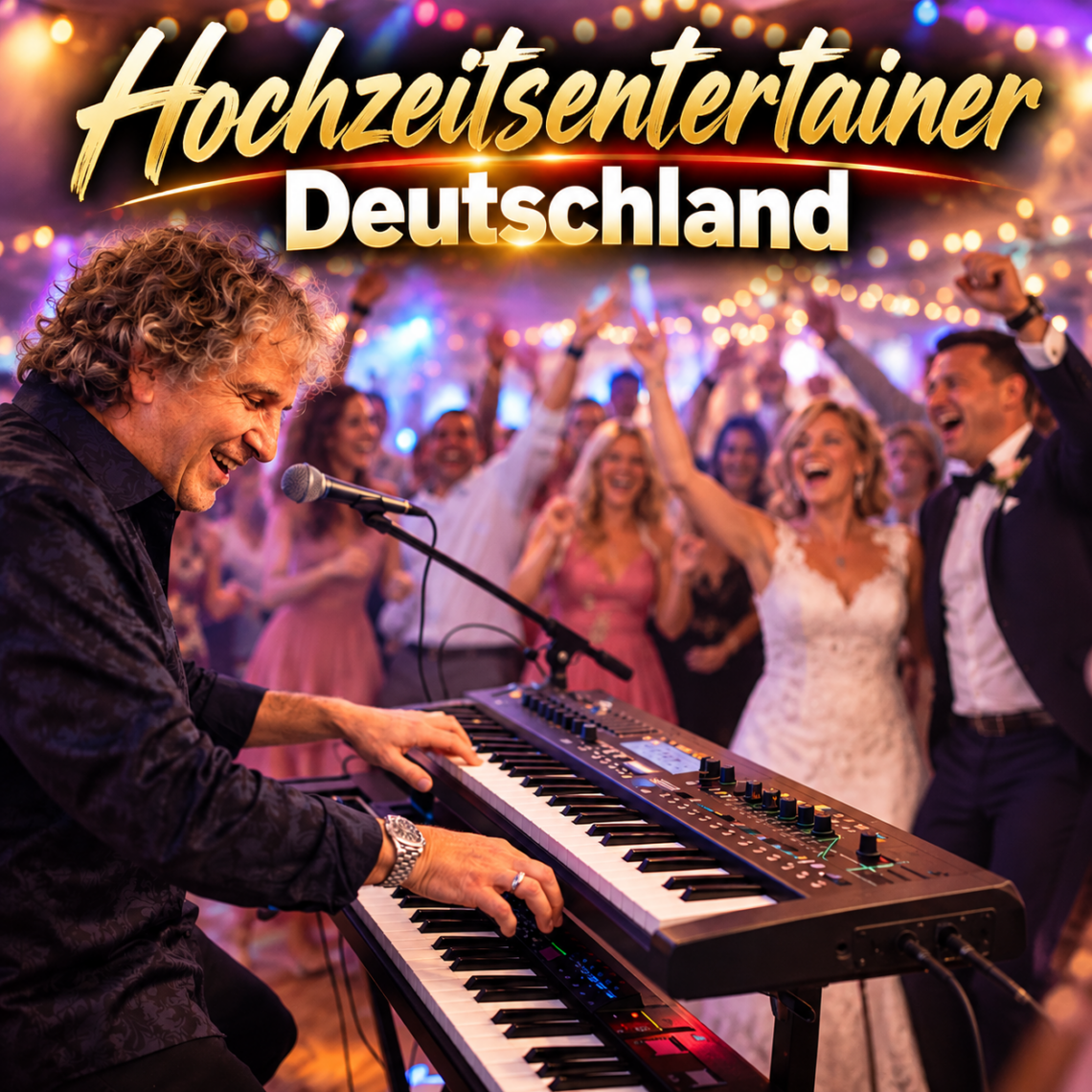 Hochzeitsentertainer bei einer ausgelassenen Hochzeitsfeier mit tanzenden Gästen