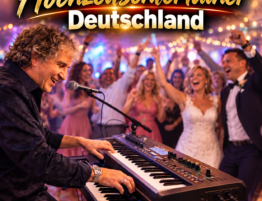 Hochzeitsentertainer bei einer ausgelassenen Hochzeitsfeier mit tanzenden Gästen