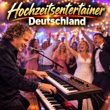 Hochzeitsentertainer bei einer ausgelassenen Hochzeitsfeier mit tanzenden Gästen