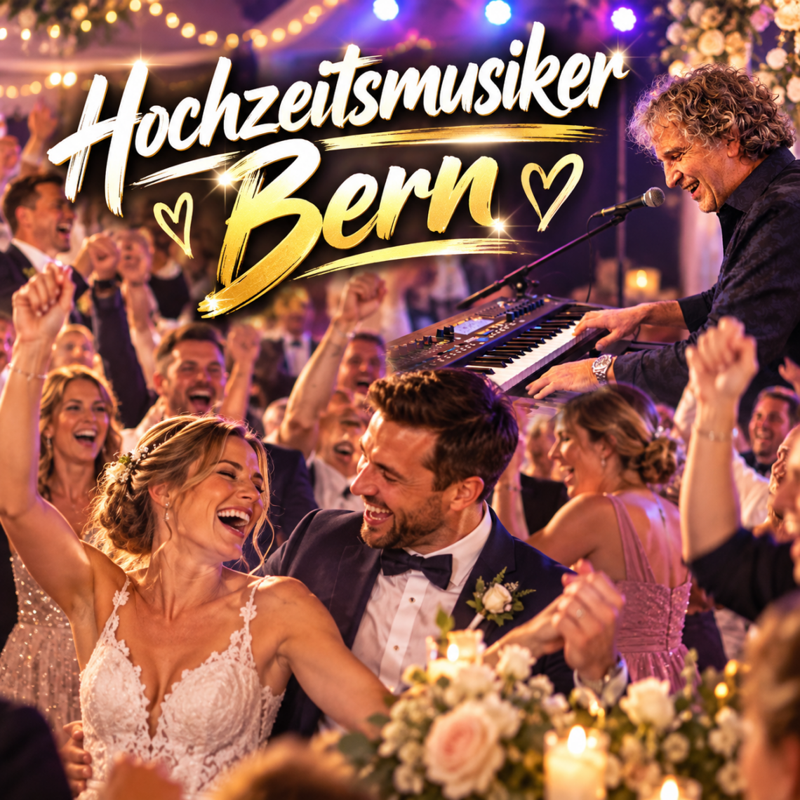 Hochzeitsmusiker in Bern bei einer ausgelassenen Hochzeitsfeier mit tanzendem Brautpaar und Gästen