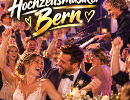 Hochzeitsmusiker in Bern bei einer ausgelassenen Hochzeitsfeier mit tanzendem Brautpaar und Gästen