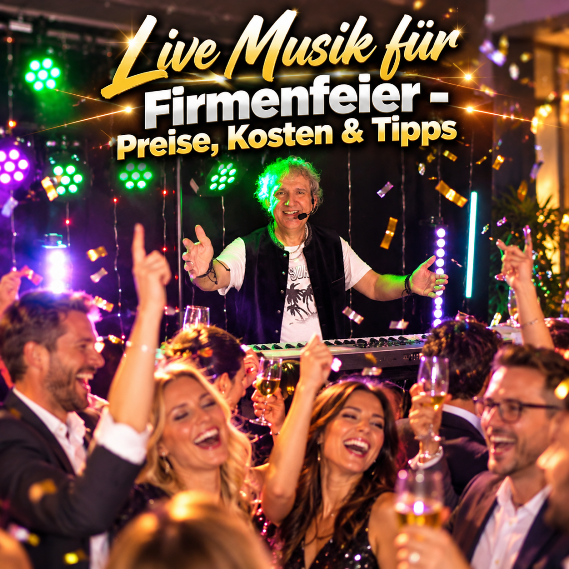 Live-Musik für Firmenfeier mit Musiker und tanzenden Gästen bei einer ausgelassenen Firmenfeier