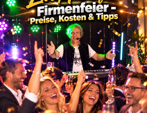 Live-Musik für Firmenfeier mit Musiker und tanzenden Gästen bei einer ausgelassenen Firmenfeier