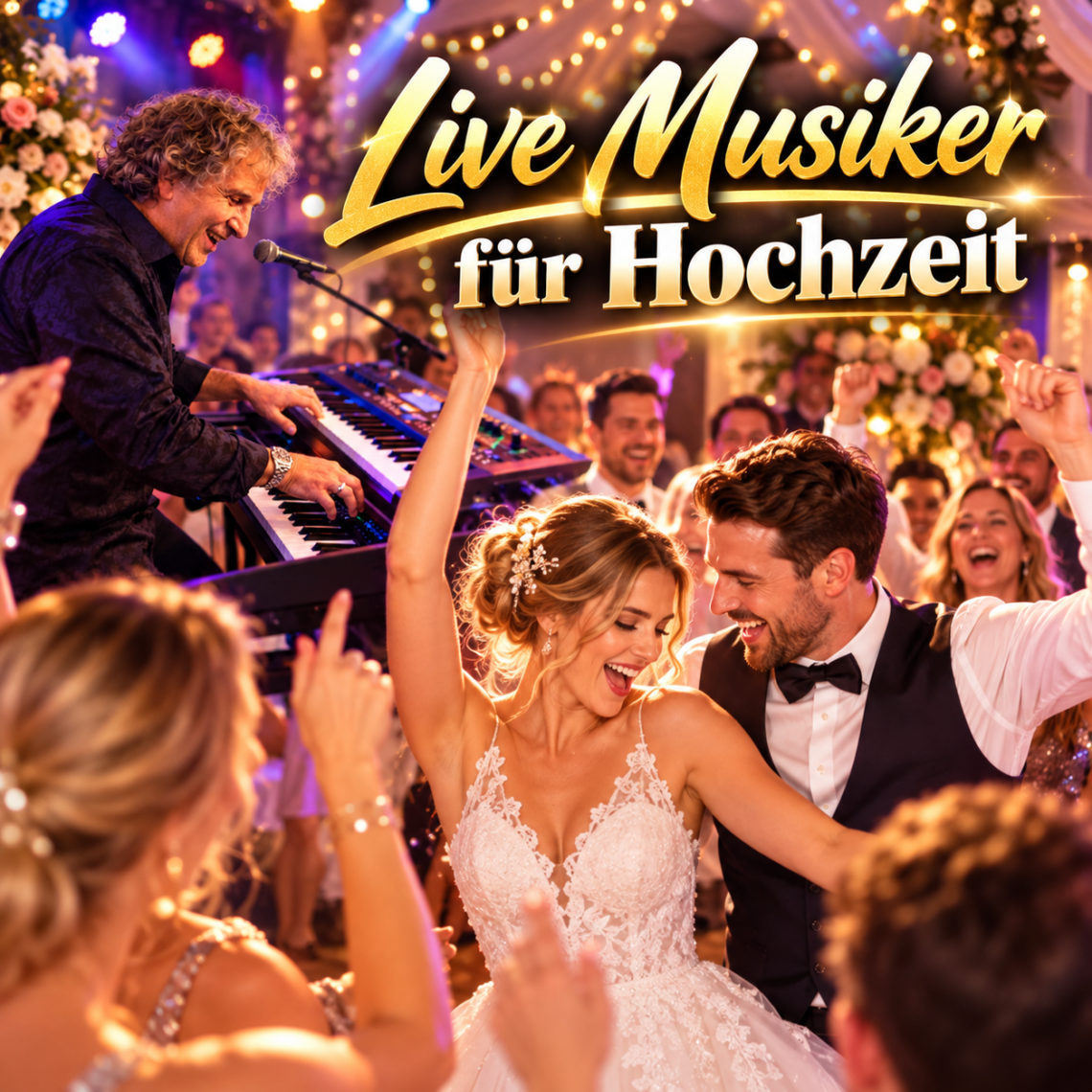 Live-Musiker bei einer ausgelassenen Hochzeitsfeier mit tanzendem Brautpaar und Gästen